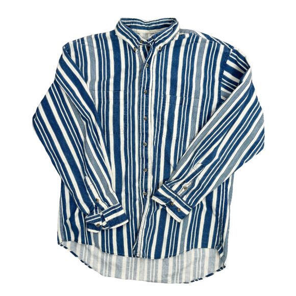 VTG 80s Wrangler Men's Button Up Long Sleeve Blue White Striped Collared Shirt - Picture 1 of 3